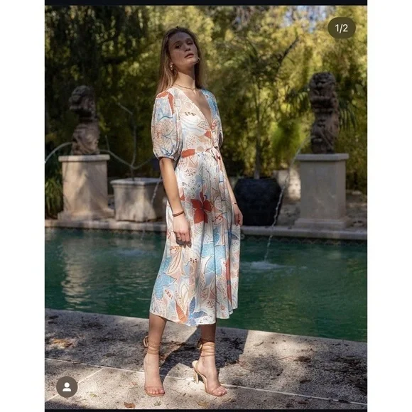 Band Of The Free Sky Blue Sand Floral Dress Size Small V-Neck & Puff Sleeve NWT - Picture 11 of 12